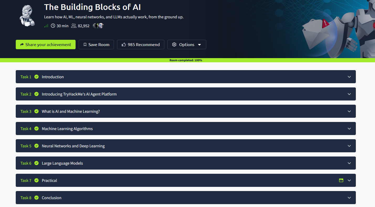 Supplied TryHackMe screenshot: The Building Blocks of AI shows room completed 100 percent and green completion checks on tasks 1 through 8.